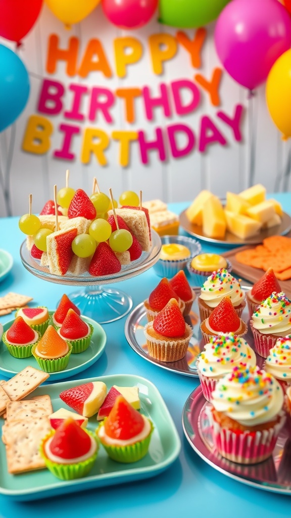 A cheerful table setting with colorful snacks for a kids